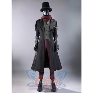 Bloodborne Gehrman cosplay costume front view with top hat, black coat, vest and pants