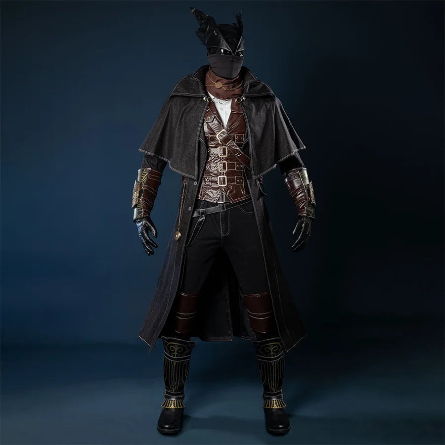 The hat is designed in a pointed shape, like two outstretched wings, the face is tightly wrapped with a black mask, and he wears a dark robe with a wide shawl, the vest is made of heavy leather, with a lot of belts and decorative belts on the clothes, and tight pants with leather knee pads underneath.
