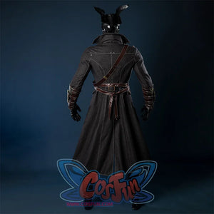 Bloodborne Hunter Ludwig Cosplay costume coat is long and black , with a lot of brown shiny PU leather belts on the clothes.