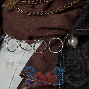 Bloodborne Hunter Ludwig Cosplay costume's shawl is black with white lines, a wide collar, and a silver metal round chain in the middle.