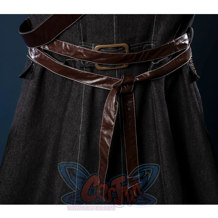 Bloodborne Hunter Ludwig Cosplay costume coat is long and black , with a lot of brown shiny PU leather belts on the waist.