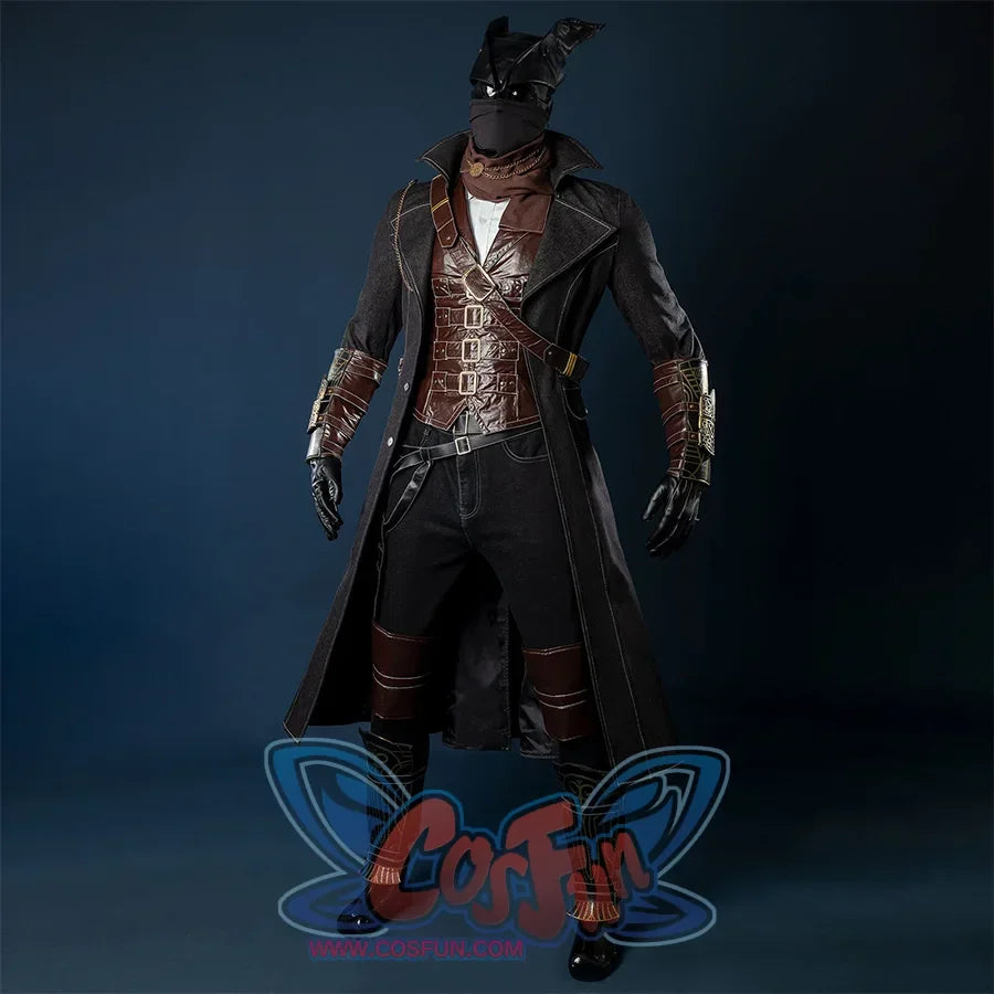 Bloodborne Hunter Ludwig Cosplay costume's main colors is black, the hat is designed in a pointed shape, like two outstretched wings, the face is tightly wrapped with a black mask, and he wears a dark robe with a wide shawl, the vest is made of heavy leather, with a lot of belts and decorative belts on the clothes, and tight pants with leather knee pads underneath.