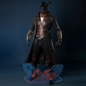 Bloodborne Hunter Ludwig Cosplay costume's main colors is black, the hat is designed in a pointed shape, like two outstretched wings, the face is tightly wrapped with a black mask, and he wears a dark robe with a wide shawl, the vest is made of heavy leather, with a lot of belts and decorative belts on the clothes, and tight pants with leather knee pads underneath.