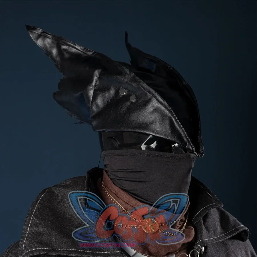 Bloodborne Hunter Ludwig Cosplay costume's hat is designed in a pointed shape, like two outstretched wings, the face is tightly wrapped with a black mask, two metal round buckles on each side.