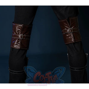 Bloodborne Hunter Ludwig Cosplay costume's back view of knee pads, it's made of the brown PU leather with one metal buckle.