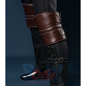 Bloodborne Hunter Ludwig Cosplay costume's side view of knee pads are made of the brown PU leather, same material as the vest.