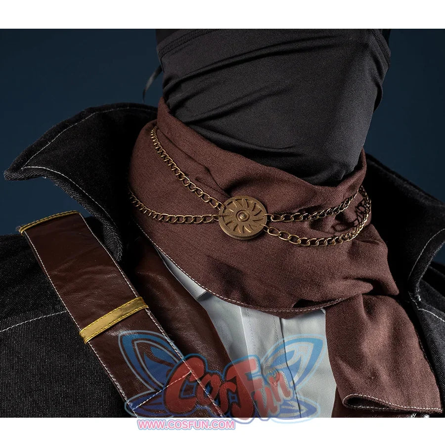 Bloodborne Hunter Ludwig Cosplay costume&#39;s main colors is black, there are many detail in neck, he wear a brown scarf with gold chain decoration.