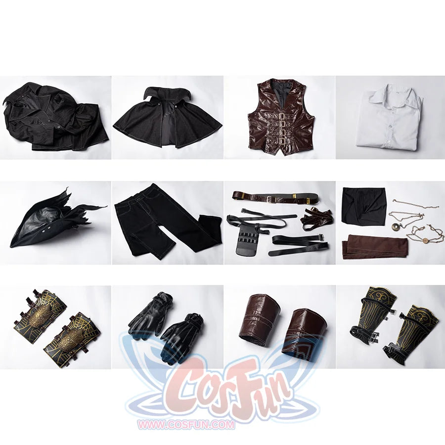 Bloodborne Hunter Ludwig Cosplay costumes includes Knee pads, vest, pants, mask, hat, hand guards, gloves, coat, shirt, pocket watch (excluding batteries), scarf decoration, decorative chain, leg decoration, belt combination, scarf, shawl, decorative belt.