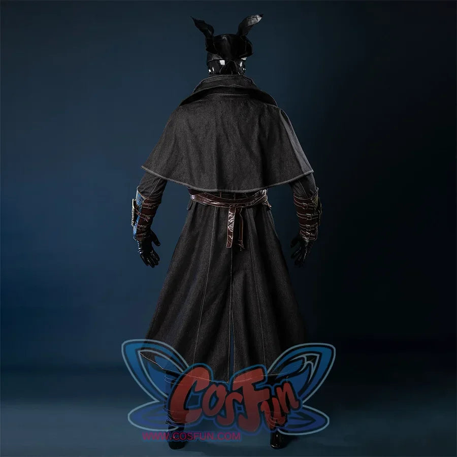 Bloodborne Hunter Ludwig Cosplay costume about long coat and shawl are made of the same black fabric, showing a strong Gothic style, there is a brown belt with a metal buckle at the waist.