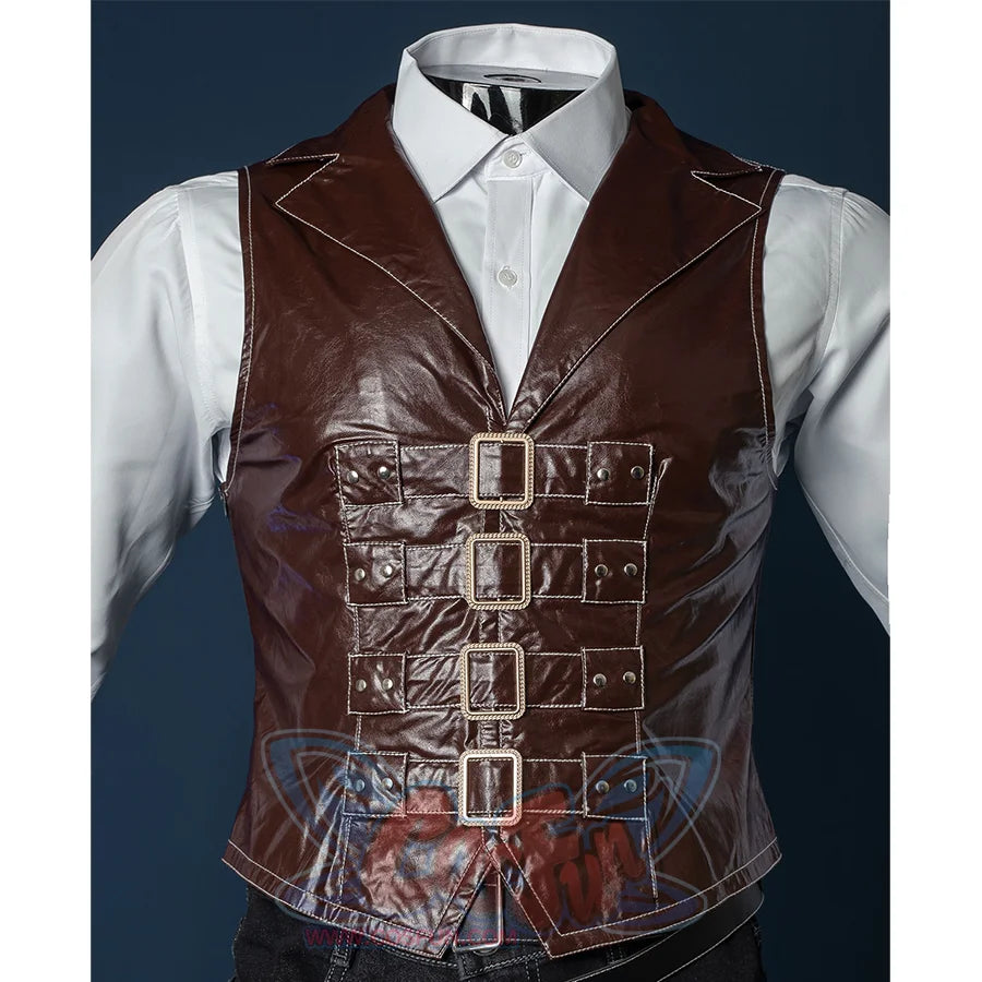Bloodborne Hunter Ludwig Cosplay costume's white shirt and a tight brown PU leather vest with five metal buckles.