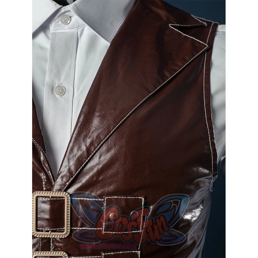 Bloodborne Hunter Ludwig Cosplay costume's tight brown PU leather vest with white lines.