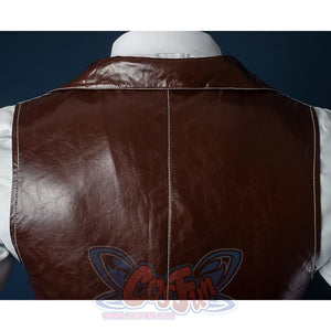 Bloodborne Hunter Ludwig Cosplay costume's tight brown vest with white lines, it made by PU leather.
