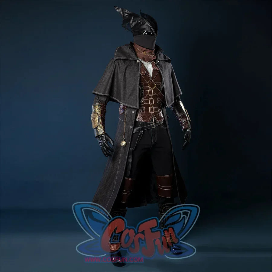 Bloodborne Hunter Ludwig Cosplay costume&#39;s main colors is black, the hat is designed in a pointed shape, like two outstretched wings, the face is tightly wrapped with a black mask, and he wears a dark robe with a wide shawl, the vest is made of heavy leather, with a lot of belts and decorative belts on the clothes, and tight pants with leather knee pads underneath.