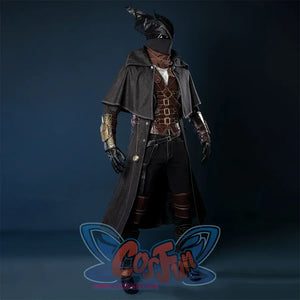 Bloodborne Hunter Ludwig Cosplay costume's main colors is black, the hat is designed in a pointed shape, like two outstretched wings, the face is tightly wrapped with a black mask, and he wears a dark robe with a wide shawl, the vest is made of heavy leather, with a lot of belts and decorative belts on the clothes, and tight pants with leather knee pads underneath.