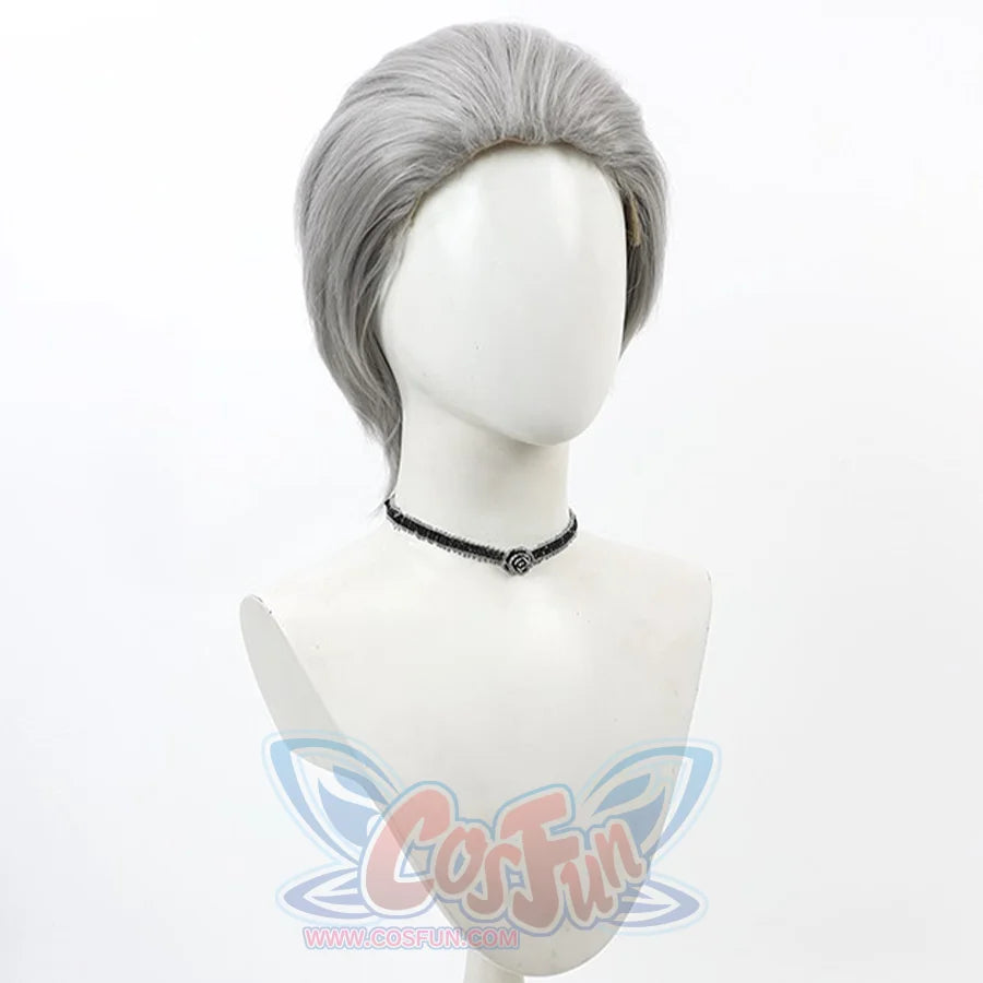 Bloodborne Hunter Ludwig Cosplay wig, grey short hair with slicked-back hairstyle, left side view
