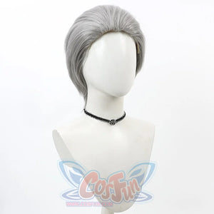 Bloodborne Hunter Ludwig Cosplay wig, grey short hair with slicked-back hairstyle, left side view