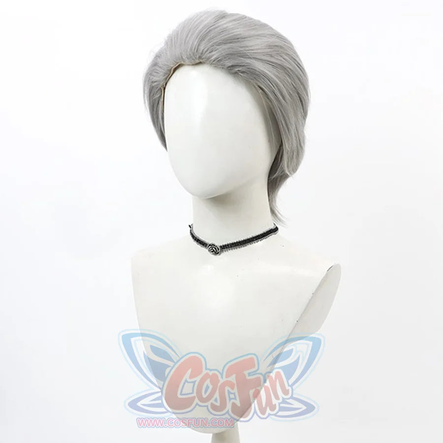 Bloodborne Hunter Ludwig Cosplay wig, grey short hair with combed-back hairstyle