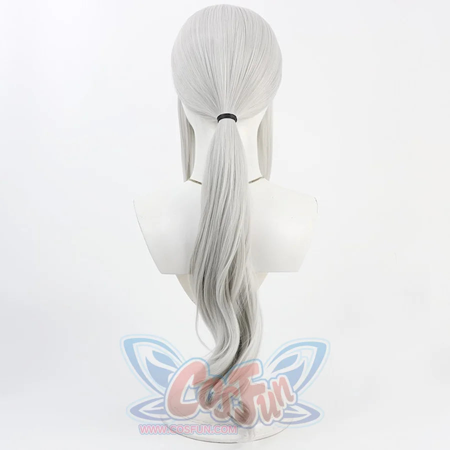 Bloodborne Hunter Maria Cosplay wig, long sliver-white hair with low ponytail hairstyle on the back