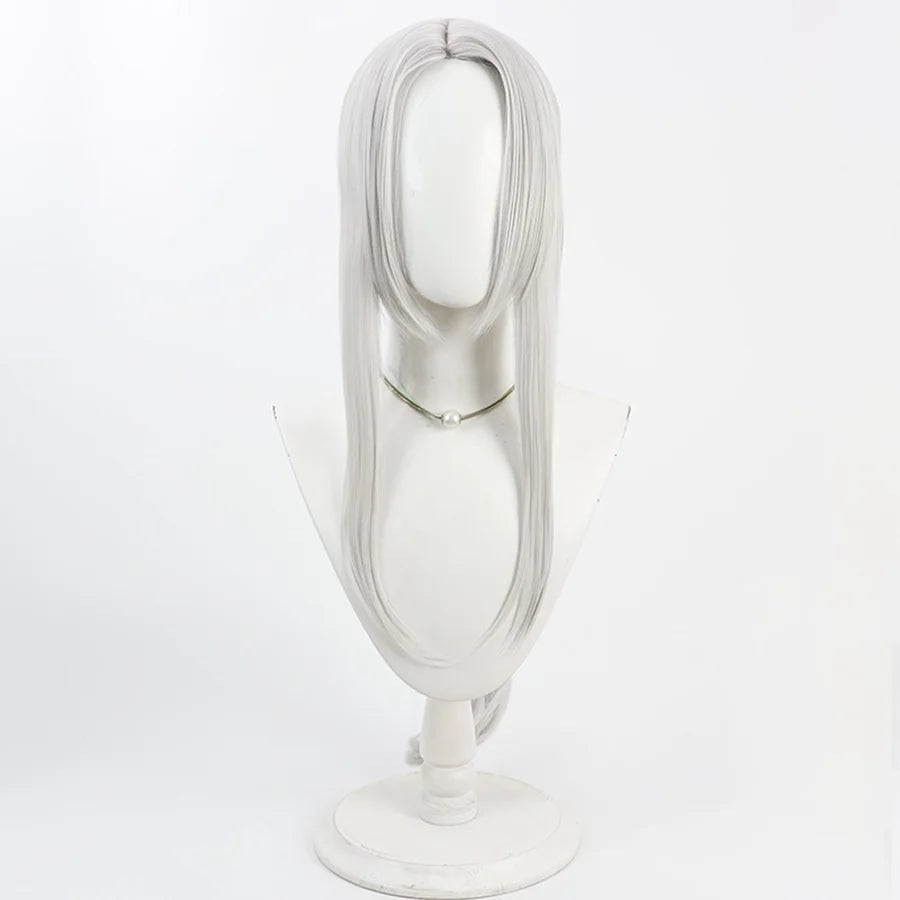 Bloodborne Hunter Maria Cosplay wig, sliver-white long straight hair with middle-parted bangs and long sideburns