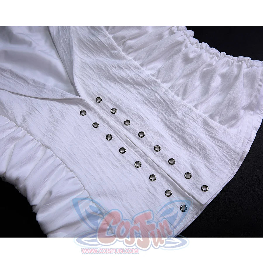 Bloodborne Losefka cosplay costume white fabric detail showing decorative button trim on gathered edge