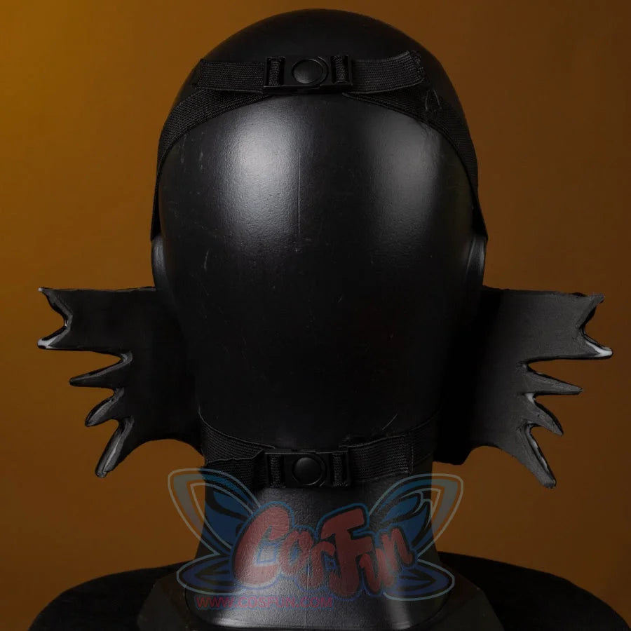 The back of the Body Party cosplay helmet showcases an adjustable strap system and spiked side extensions, key for secure, in-character wear.