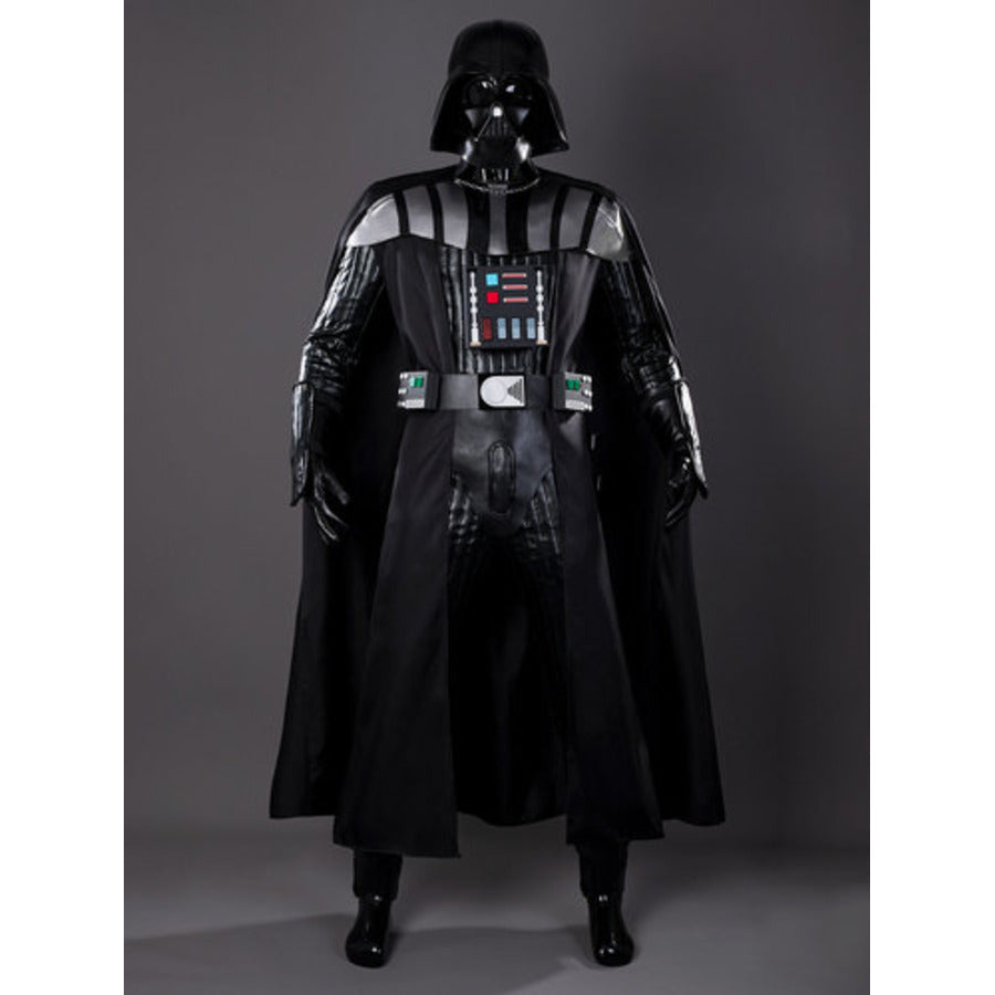Anakin Darth Vader cosplay full black armor layers glossy helmet over light-up chest panel.