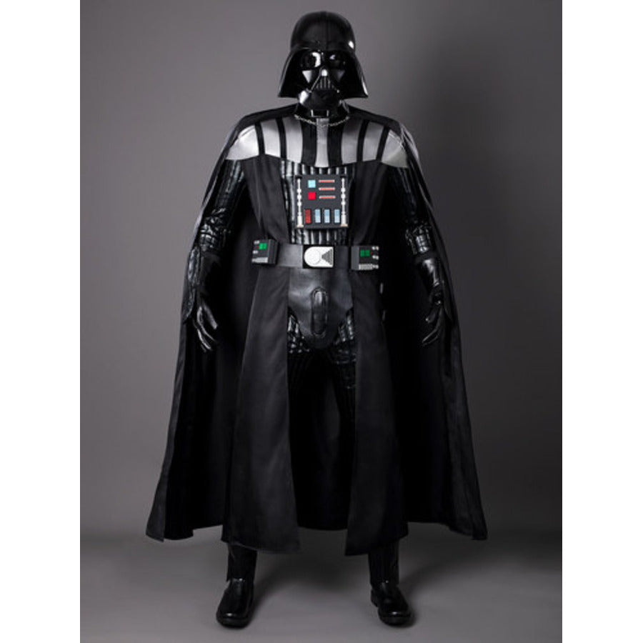 Anakin Darth Vader cosplay armored suit pairs caped silhouette with multi-box belt and pauldrons.