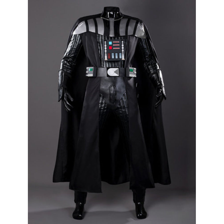 Anakin Darth Vader cosplay black jumpsuit anchors ribbed gauntlets to a light-up control belt.
