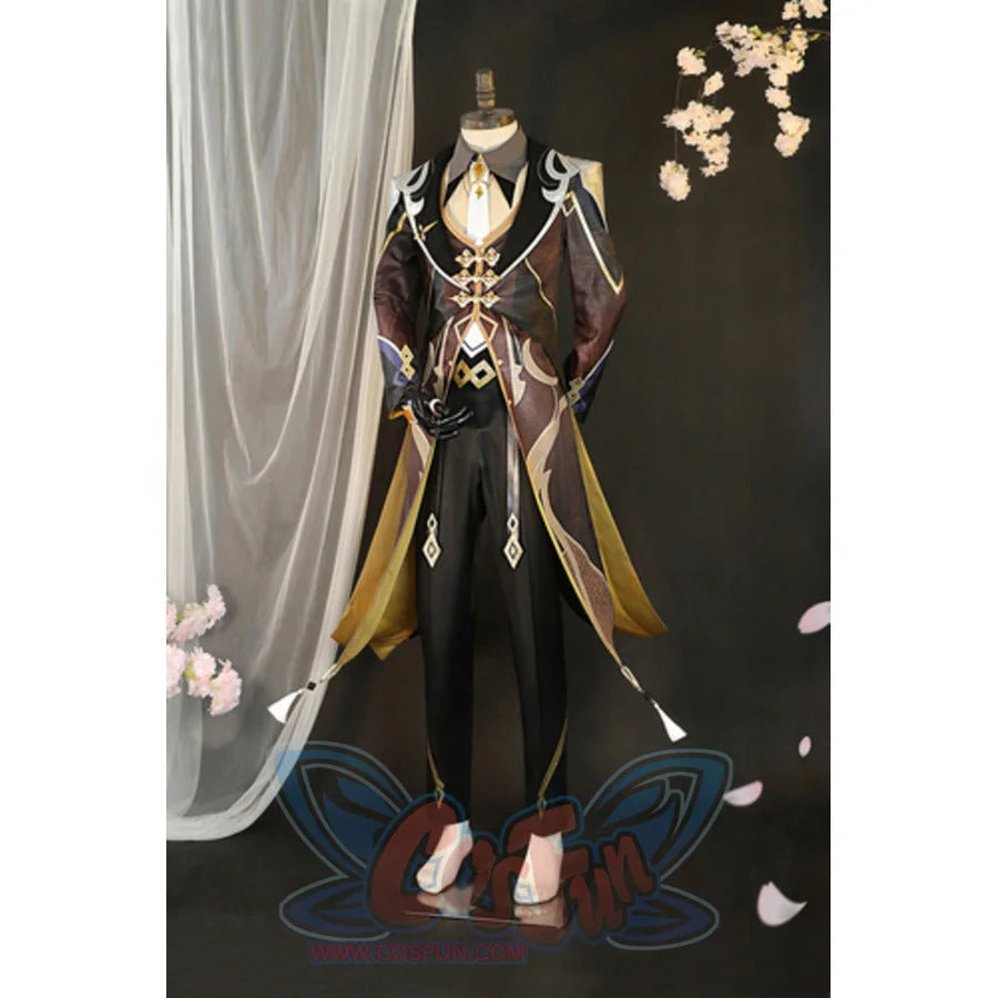 Zhongli Genshin Impact cosplay full set balances split-tail coat against pants anchored by dangling ornaments.