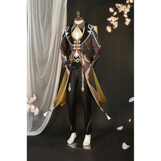 Zhongli Genshin Impact cosplay full set balances split-tail coat against pants anchored by dangling ornaments.