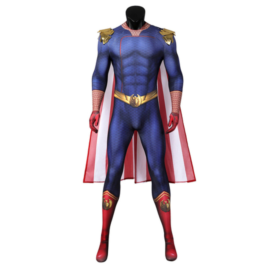 Homelander cosplay bodysuit pairs gold eagle belt accents with red and white striped cape.