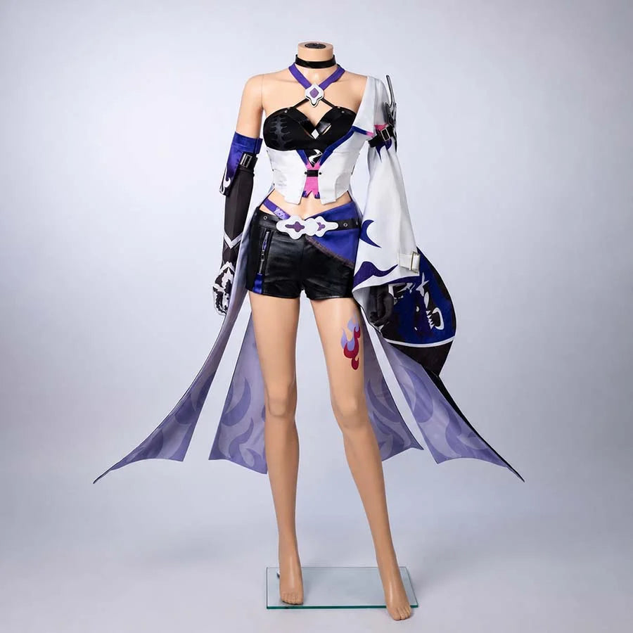 COSFUN Honkai: Star Rail Acheron cosplay costume layers halter top over split skirt with purple flame patterns.