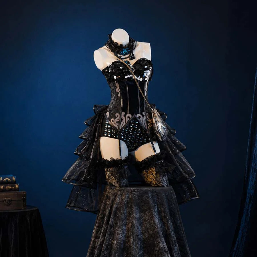 COSFUN Identity V Female Dancer Margaretha Zelle Kroto cosplay costume layers sequined corset over tiered mesh skirt paired.