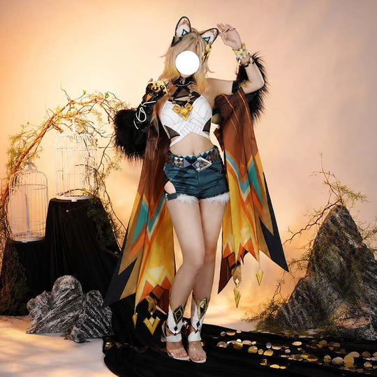 COSFUN Genshin Impact Xilonen cosplay costume layers a patterned cloak over a white midriff top and denim shorts.