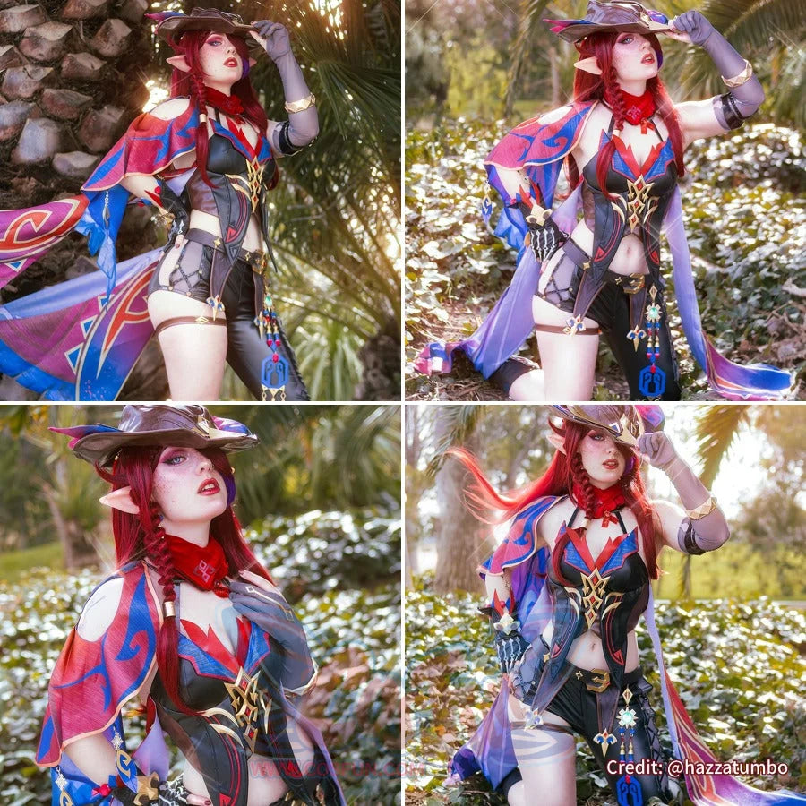 Genshin Impact Chasca cosplay set balances an ornate cape over a detailed top and thigh-highs.