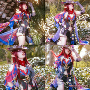 Genshin Impact Chasca cosplay set balances an ornate cape over a detailed top and thigh-highs.