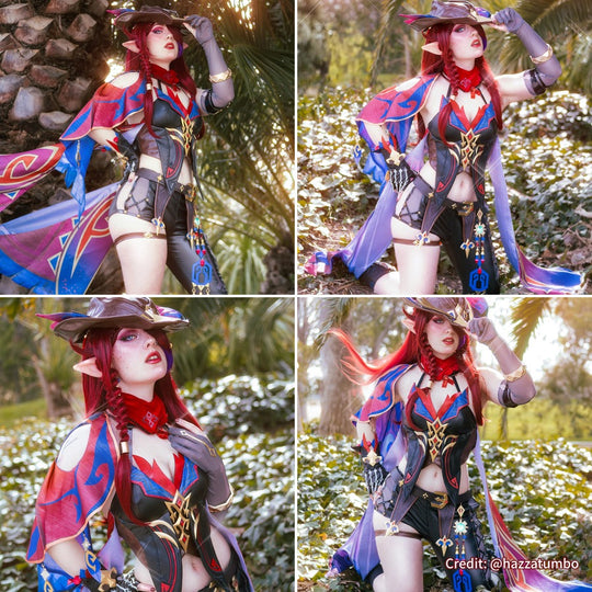 Genshin Impact Chasca cosplay set balances an ornate cape over a detailed top and thigh-highs.