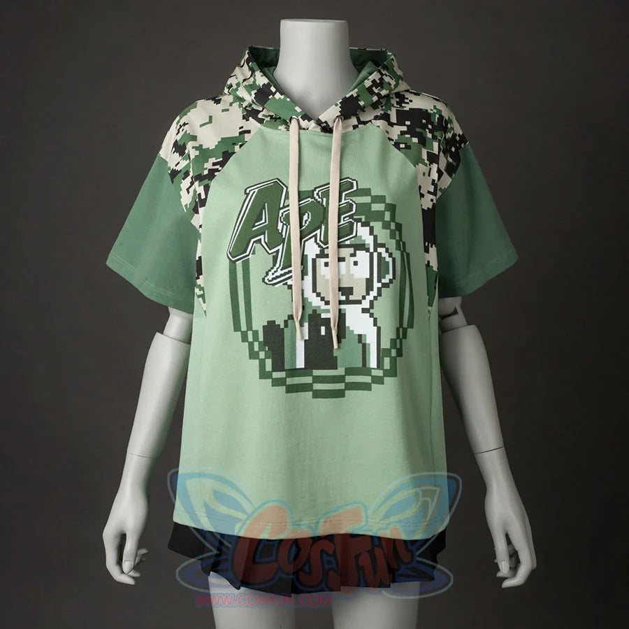 Model wearing green summer camo monkey shirt hoodie with pixel art design and camo sleeves