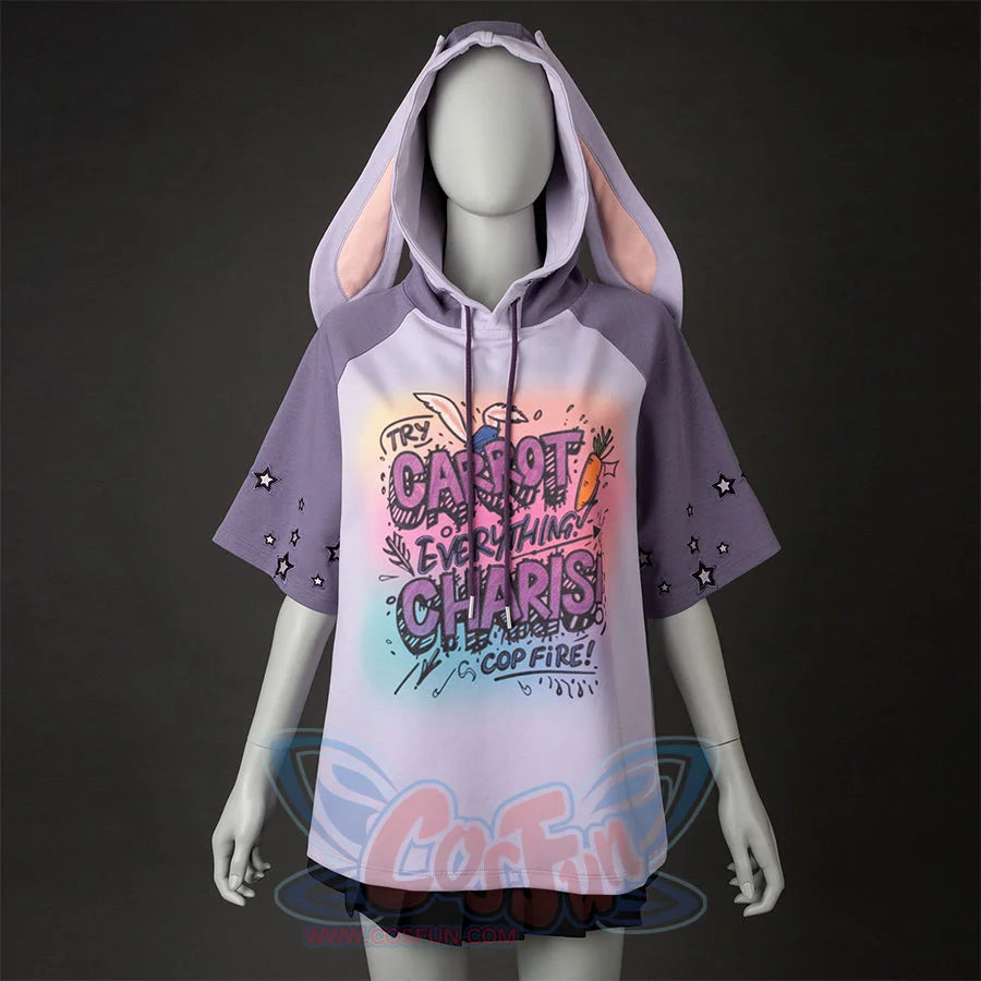 Model wearing summer purple bunny shirt with gradient hoodie and star-embroidered sleeves