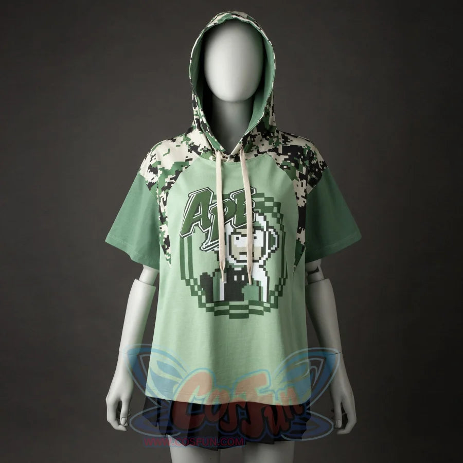 Summer camo monkey shirt hoodie with hood up showing full pixel design and camo pattern detail
