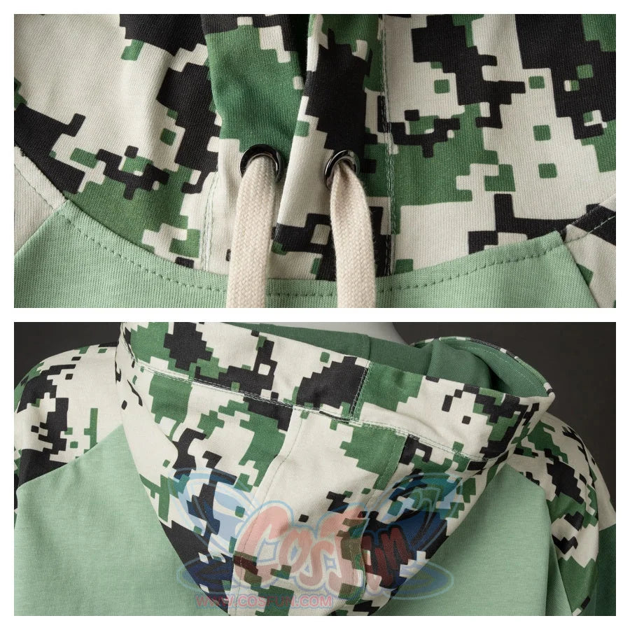 Detail shot of summer camo monkey shirt hood drawstring and neckline construction with camo fabric