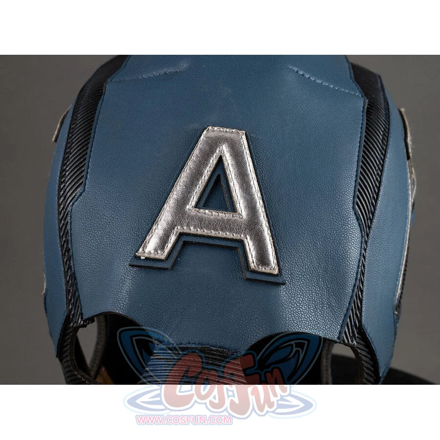 Close-up of Captain America cosplay helmet showing silver A logo on blue leather front panel