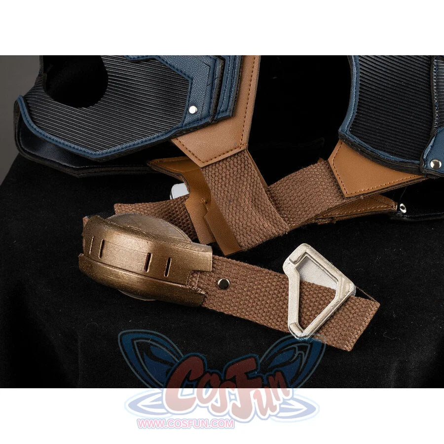 Captain America cosplay helmet chin guard and brown leather strap with silver metal buckle detail