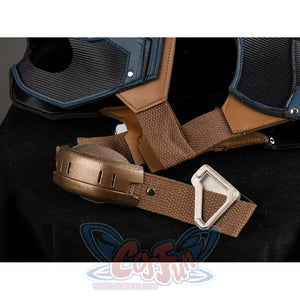 Captain America cosplay helmet chin guard and brown leather strap with silver metal buckle detail