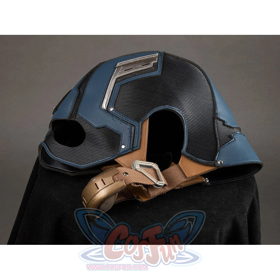 Captain America cosplay helmet tilted showing interior and brown leather chin strap with buckle