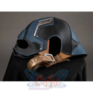Captain America cosplay helmet tilted showing interior and brown leather chin strap with buckle