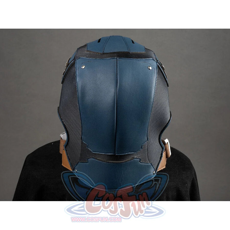 Captain America cosplay helmet rear view with blue leather panels and neck guard detail