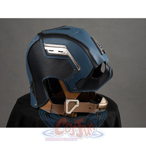 Captain America cosplay helmet back view showing blue shell and carbon fiber detailing
