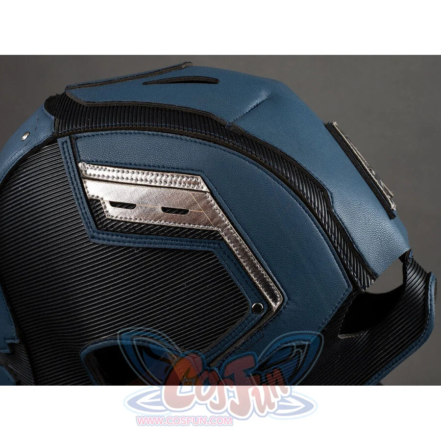 Captain America cosplay helmet close-up of side silver vent panel on blue and carbon fiber shell