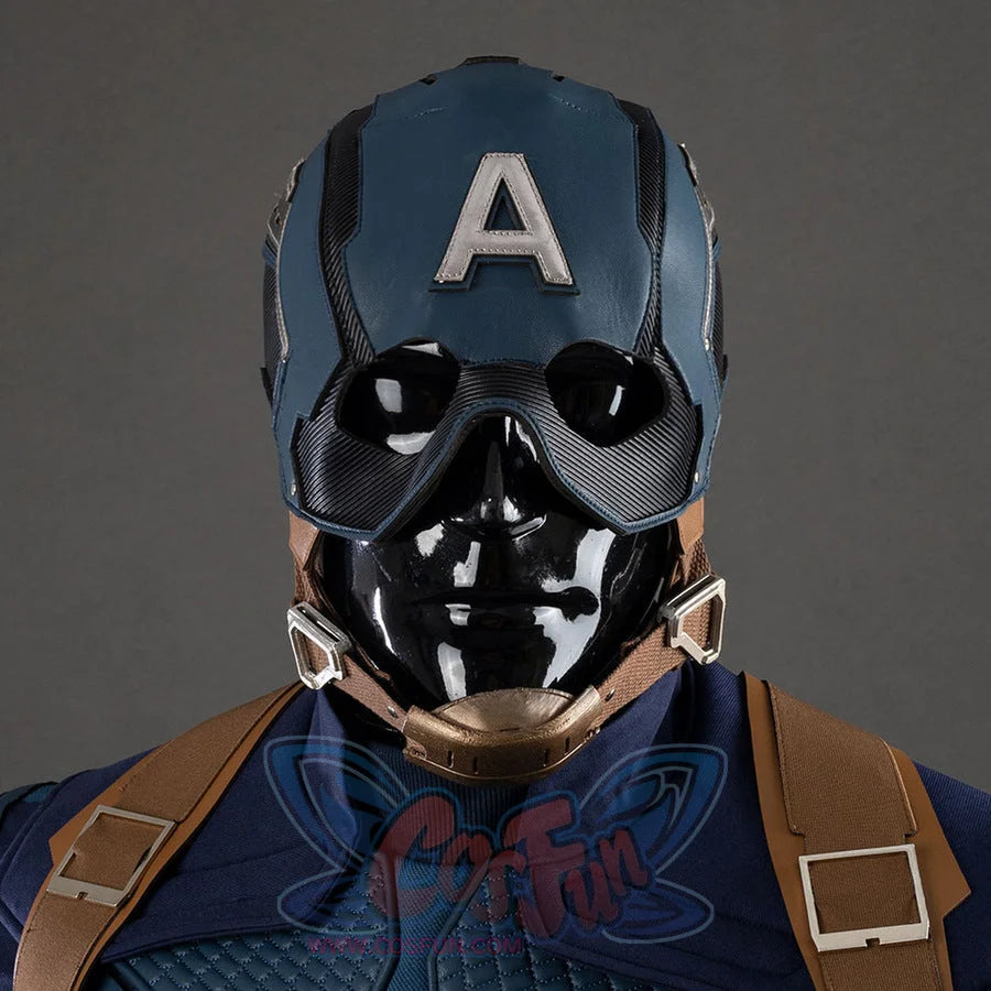 Captain America cosplay helmet worn with black goggle face shield, blue suit, and brown shoulder straps